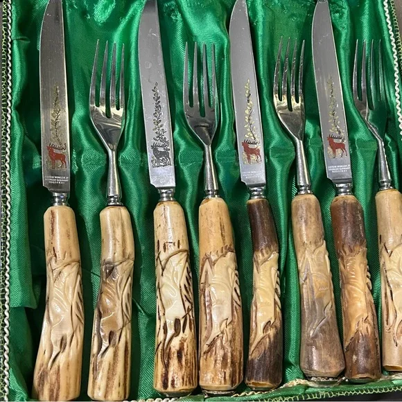 💥SOLD💥 Anton Wingen Solingen Germany Carved Antler 8pc Knife Fork Set Flatware - Picture 13 of 13